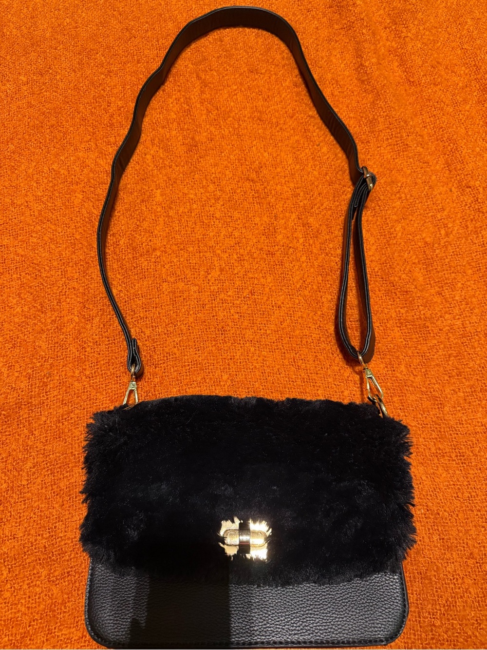 Black Faux Fur Crossbody Bag with Gold Hardware